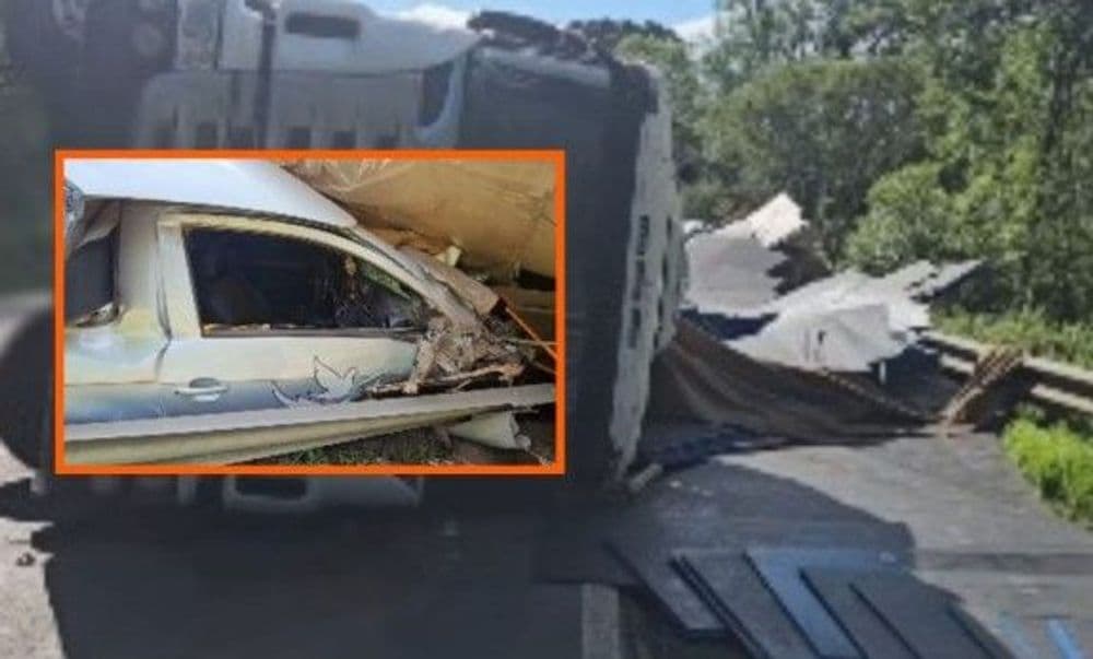 Carreta tomba sobre carro funerário na BR-476 e deixa dois feridos em Paulo Frontin