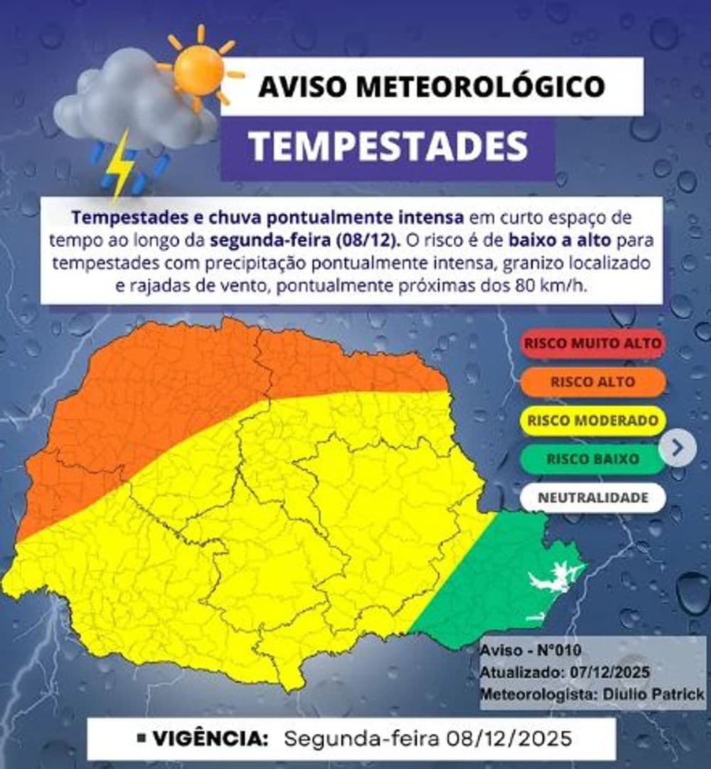 Aviso meteorológico alerta para risco de tempestades e ventos fortes no Paraná nos próximos dias