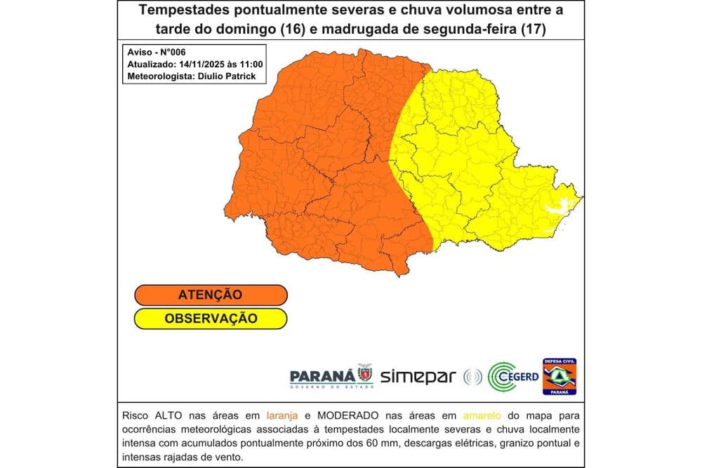 Cidades próximas a Guarapuava ficam em alerta para tempestades; frente fria chega ao Paraná neste domingo, mas será menos intensa do que na semana passada